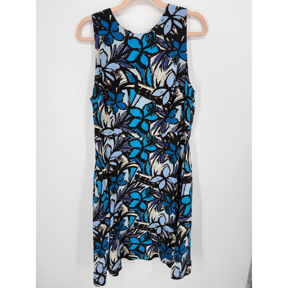 Donna Morgan Fit and Flare Dress Womens 14 Blue Floral Sleeveless Pockets office
